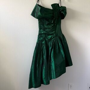 Vintage 80s Jessica McClintock Metallic Green Off Shoulder Asymmetrical Dress XS